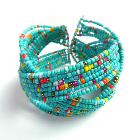 Jewelry - Teal Aqua Blue Red Orange Woven Seed Beaded Cuff Bracelet Adjustable Wide Boho
